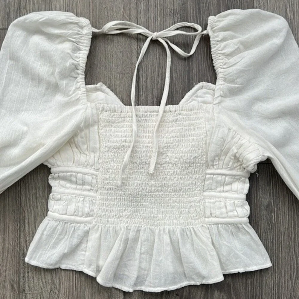 FREE PEOPLE Chloe Top XS White Puff Sleeves Smocked Cottagecore Boho Coquette